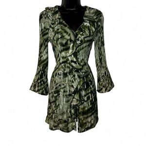 Y2K Green Crinkle Button Down Mini Dress with Ruffles